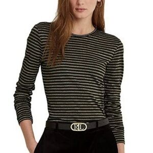 Ralph Lauren Black Label Gold Metallic and Navy Striped Long Sleeve Tee